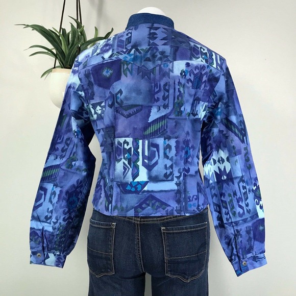Vtg Roper Western Rodeo Shirt Blue Batik Studded‎ Collar Cropped Women’s Size M - Picture 4 of 9